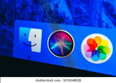 France, Paris - April 18, 2018:  New Siri Icon Application In A Dock On A Screen Of Macbook, Close-up. 