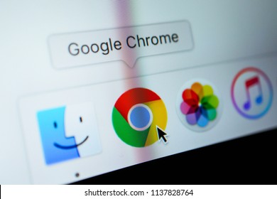 France, Paris - April 18, 2018:  Google Chrome Browser Application In A Dock On A Screen Of Macbook, Close-up. 