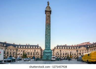 France, Paris, December 1, 2016 : Vendome Square, Vendôme Column, 19th Century Was Seen As The Most Important Symbol Different Angle