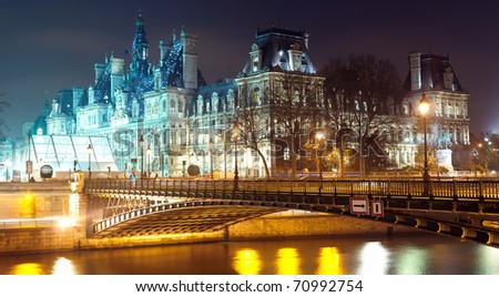 France - Paris  Hotel de ville and Seine river at night