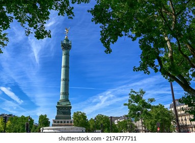 France, Paris, June 2022. Place de la Bastille, highlighted the column of Juillet, in memory of the revolution of 1830. The golden winged statue stands out on the top - Shutterstock ID 2174777711