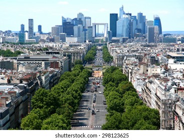 FRANCE. PARIS - JUNE 25, 2015: View from the Arc de Triomphe on Avenue Grand Army of the modern district of La Defense.