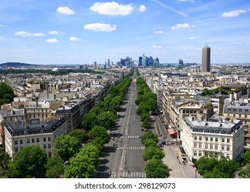 FRANCE. PARIS - JUNE 25, 2015: Aerial View Of The Avenue Of The Great Army And The Modern District Of La Defense.