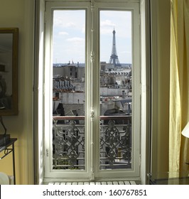 France - Paris - Window with Eiffel tower and roofs view