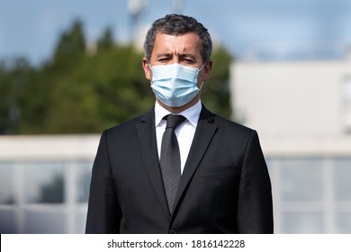 Vélizy, FRANCE - Sept 11. 2020 : Minister Of The Interior Gérald Darmanin During Honors To The Dead And Before Taking Office By New Director Of CRS And Presentation Of Decorations At CRS Direction.