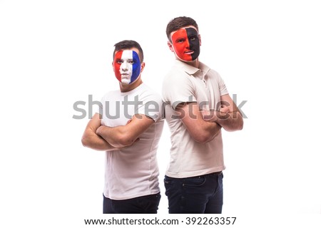France vs Albania. Football fans of national teams before match on white background. European 2016 football fans concept.