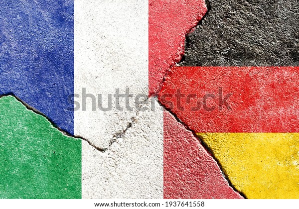 France VS Germany VS Italy national flags icon\
on broken weathered wall with cracks, abstract France Germany Italy\
politics economy relationship conflicts pattern texture background\
wallpaper