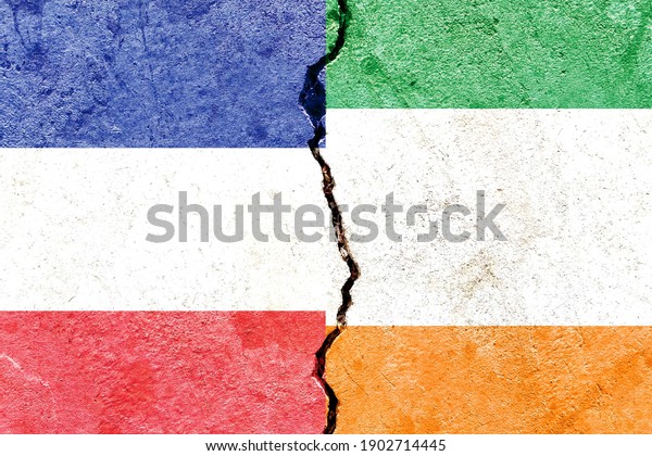 France VS Ireland vertical national flags icon\
isolated on broken weathered cracked wall background, abstract\
international politics relationship friendship conflicts concept\
texture wallpaper