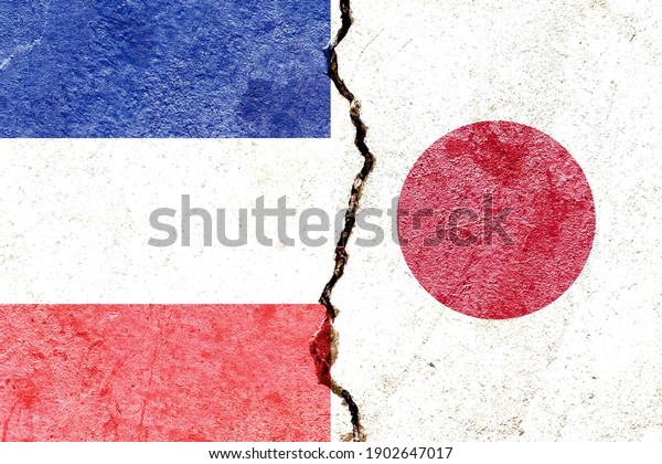 France VS Japan vertical national flags icon\
isolated on broken weathered cracked wall background, abstract\
international politics relationship friendship conflicts concept\
texture wallpaper