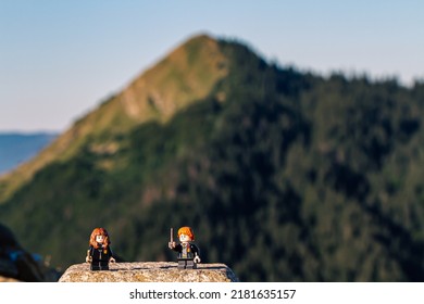 France,Jura - July 14, 2022
Hermione And Ron Practicing Casting A Spell In The Highlands.
Lego Minifigures