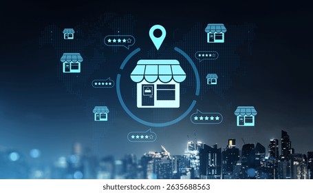 Franchise business icons with review stars on digital world map overlay, glowing style on night cityscape background, concept of global expansion