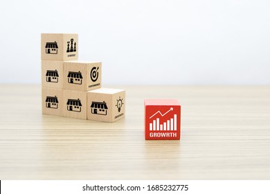 Franchise business,Businessman hand choose reg color wooden toy blog stacked with franchise marketing icons Store. - Shutterstock ID 1685232775