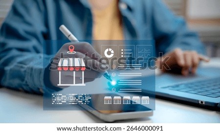 Franchise system concept with digital interface showing store icon, data analytics, checklist and location pin, representing organized business model, retail planning, and smart management.