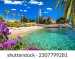 Franciscian monastery and turquoise beach on Hvar island, archipelago of Dalmatia, Croatia