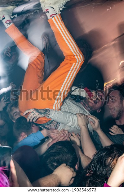 Frank Carter and the Rattlesnakes - 21st Feb 2019 -\
Frank Carter Crowd surfs upside down at a sold-out concert in\
Newcastle Think Tank