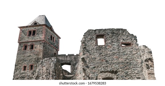 Frankenstein Castle (German: Burg Frankenstein) isolated on white background. It is located in the city of Darmstadt (Germany)