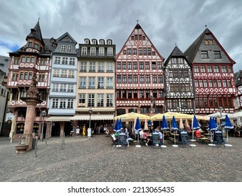 Frankfert, Germany - July 11 2022 : The Römerberg Square With The Reconstructed Timber Houses Lining The Cobbled Town Square.