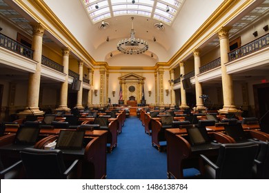 Frankfort, Kentucky/ USA - August 8th, 2019.  Interior Of The State Senate Chambers In The Kentucky State Capitol Building.