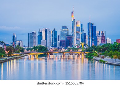 Frankfurt City Centre Skyline Illuminated At Dawn. Germany