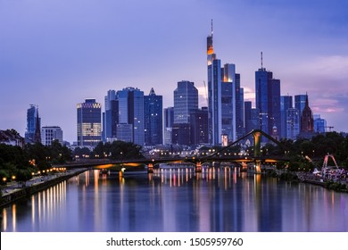 Frankfurt City Skyline Shot During The Blue Hour