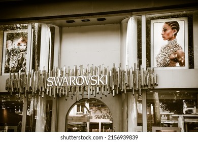 Frankfurt, Germany - 04.09.2021: Shop window of a Swarovski jewelry store in Frankfurt's pedestrian zone