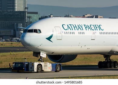 Frankfurt, Germany 05/30/2018: Cathay Pacific Boeing 777 being towed at Frankfurt airport