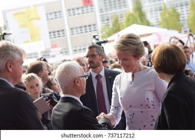 Frankfurt, Germany. 12th Oct. 2017. Her Majesty Queen Mathilde Of Belgium Visiting The Frankfurt Bookfair, Arrival On Red Carpet On October 12, 2017 In Frankfurt Am Main, Germany