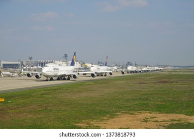 FRANKFURT, GERMANY -14 APR 2019- View Of A Line Of Boeing 747-8 Airplanes From German Airline Lufthansa (LH) Queuing Up For Takeoff At The Frankfurt Airport (FRA).