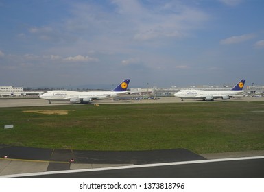 FRANKFURT, GERMANY -14 APR 2019- View Of A Line Of Boeing 747-8 Airplanes From German Airline Lufthansa (LH) Queuing Up For Takeoff At The Frankfurt Airport (FRA).