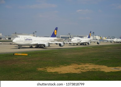 FRANKFURT, GERMANY -14 APR 2019- View Of A Line Of Boeing 747-8 Airplanes From German Airline Lufthansa (LH) Queuing Up For Takeoff At The Frankfurt Airport (FRA).