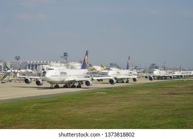 FRANKFURT, GERMANY -14 APR 2019- View Of A Line Of Boeing 747-8 Airplanes From German Airline Lufthansa (LH) Queuing Up For Takeoff At The Frankfurt Airport (FRA).