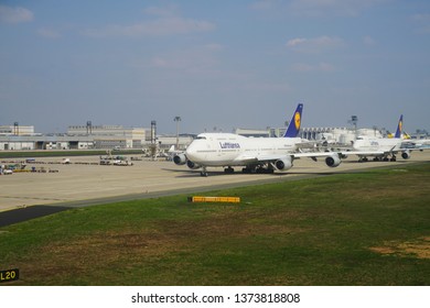 FRANKFURT, GERMANY -14 APR 2019- View Of A Line Of Boeing 747-8 Airplanes From German Airline Lufthansa (LH) Queuing Up For Takeoff At The Frankfurt Airport (FRA).