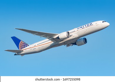 Frankfurt, Germany - April 7, 2020: United Airlines Boeing 787 airplane at Frankfurt airport (FRA) in the Germany. Boeing is an aircraft manufacturer based in Seattle, Washington.