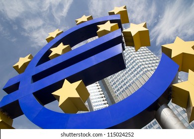 FRANKFURT, GERMANY - AUG 23: The Famous Big Euro Sign at the European Central Bank on August 23, 2012 in Frankfurt, Germany. The bank was established by the Treaty of Amsterdam in 1998.