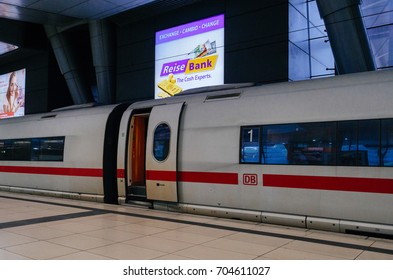FRANKFURT, GERMANY - AUG 8, 2017: Frankfurt Airport Train station Air Rail terminal with open door on a super-fast ICE train waiting or passengers