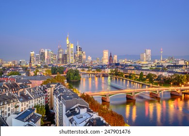 Frankfurt, Germany City Skyline Over The Main River.