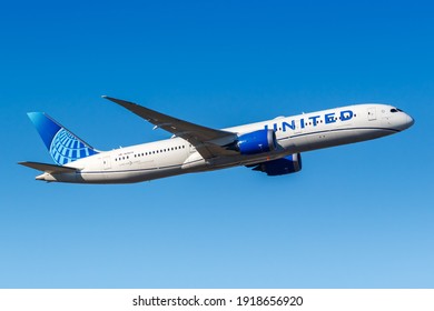 Frankfurt, Germany - February 13, 2021: United Airlines Boeing 787-9 Dreamliner airplane at Frankfurt Airport (FRA) in Germany.