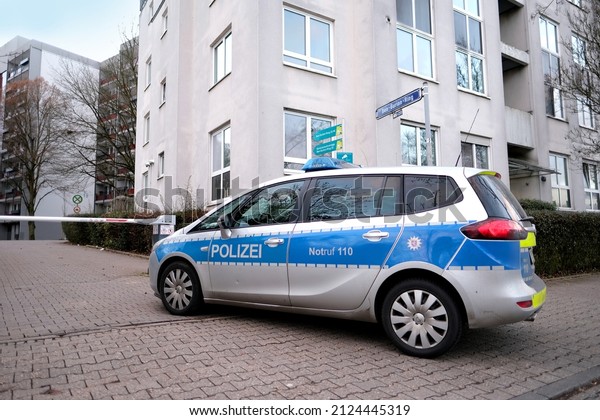 Frankfurt,\
Germany - January 2022: typical police vehicle in germany with blue\
flashers in city, used by police to patrol streets, public places,\
as well as promptly respond to\
incidents