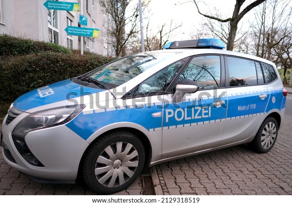 Frankfurt,\
Germany - January 2022: typical police vehicle in germany with blue\
flashers in city, used by police to patrol streets, public places,\
as well as promptly respond to\
incidents