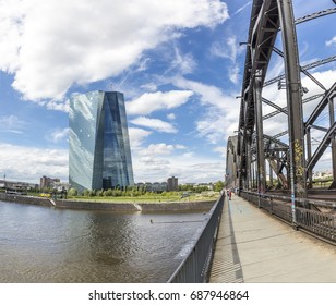 FRANKFURT, GERMANY - JULY 29, 2017: panoramic view to skyline of Frankfurt with ECB building and skyline. ECB was inaugurated in 2015 with demonstrations.  Actual head of ECB is Mario Draghi.