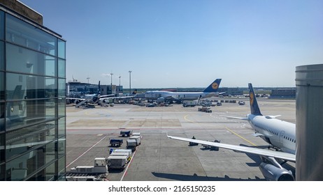 Frankfurt, Germany - May 12 2022: Busy Airplane Traffic At Frankfurt Airport.