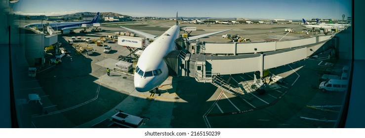 Frankfurt, Germany - May 12 2022: Busy Airplane Traffic At Frankfurt Airport.