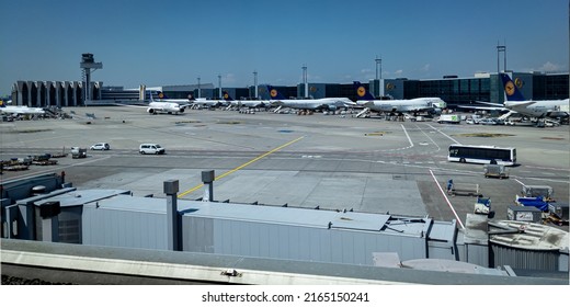 Frankfurt, Germany - May 12 2022: Busy Airplane Traffic At Frankfurt Airport.