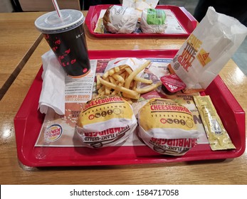 Frankfurt, GERMANY - October 2019: Burger King Menu With Fries, Hamburgers, Nuggets, Mayo And Soda