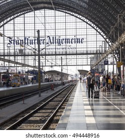 FRANKFURT, GERMANY - SEP 10, 2016: Inside the Frankfurt central station in Frankfurt, Germany. With about 350.000 passengers per day its the most frequented railway station in Germany. - Shutterstock ID 494448916