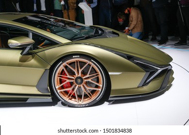FRANKFURT, GERMANY - SEP 10, 2019: Lamborghini Sián FKP 37 hybrid sportscar showcased at the Frankfurt IAA Vehicles Motor Show.