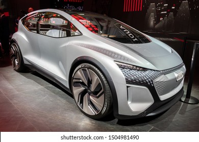 FRANKFURT, GERMANY - SEP 10, 2019: Audi AI ME Electric Self Driving Concept Car Reveiled At The Frankfurt IAA Motor Show 2019.