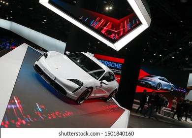 FRANKFURT, GERMANY - SEP 11, 2019: Porsche Taycan electric sportscar showcased at the Frankfurt IAA Vehicles Motor Show.