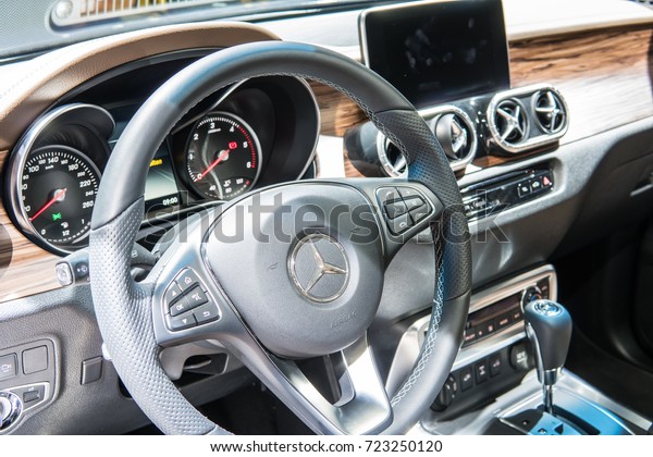 Frankfurt, Germany, SEP 12-24, 2017:\
Mercedes-Benz X-Class 250 d 4Matic at 67th International Motor Show\
(IAA), control board, steering wheel, upholstery,\
seats