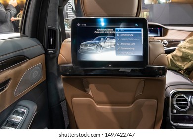 FRANKFURT, GERMANY - SEP 13, 2017: Rear Seat Car Entertainment System In The New Mercedes-Benz S560e Car Showcased At The Frankfurt IAA Motor Show.